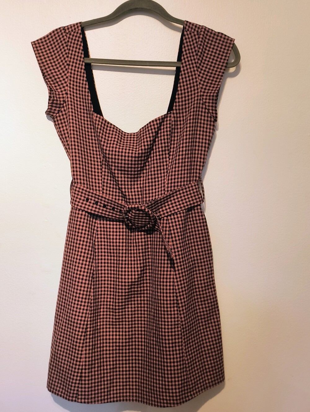 Pink, Tan and Black Gingham Jumper Dress with Belt